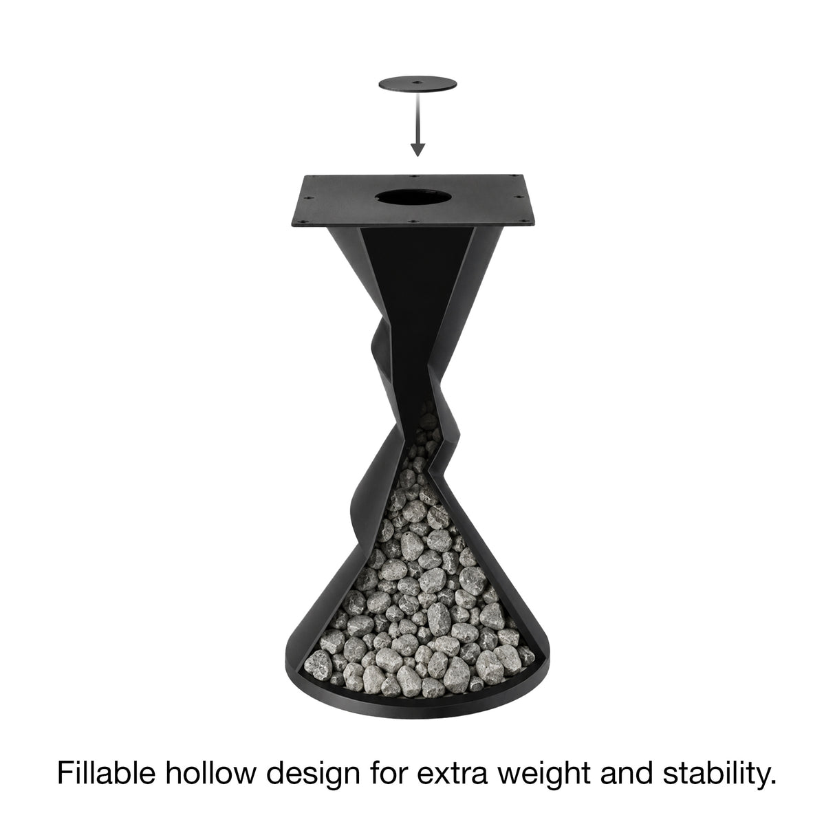 Metal Table Base 340 | 340S Horix 28.5" H – dynamic forward-leaning pedestal base in matte black powder-coated steel. This heavy-duty sculptural metal base provides an oval sturdy foundation (1,000 lbs capacity) in two sizes: Model 340 (16"x16") and Model 340S (34"x18"). A premium DIY steel table base engineered for a heavy live-edge tabletop, marble slab, or wood top.