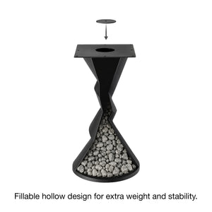 Metal Table Base 340 | 340S Horix 28.5" H – dynamic forward-leaning pedestal base in matte black powder-coated steel. This heavy-duty sculptural metal base provides an oval sturdy foundation (1,000 lbs capacity) in two sizes: Model 340 (16"x16") and Model 340S (34"x18"). A premium DIY steel table base engineered for a heavy live-edge tabletop, marble slab, or wood top.
