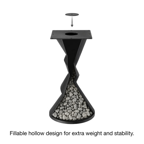 Metal Table Base 340 | 340S Horix 28.5" H – dynamic forward-leaning pedestal base in matte black powder-coated steel. This heavy-duty sculptural metal base provides an oval sturdy foundation (1,000 lbs capacity) in two sizes: Model 340 (16"x16") and Model 340S (34"x18"). A premium DIY steel table base engineered for a heavy live-edge tabletop, marble slab, or wood top.