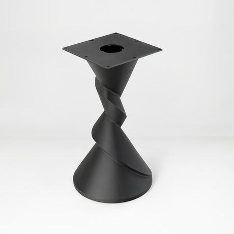 Metal Table Base 340 | 340S Horix 28.5" H – dynamic forward-leaning pedestal base in matte black powder-coated steel. This heavy-duty sculptural metal base provides an oval sturdy foundation (1,000 lbs capacity) in two sizes: Model 340 (16"x16") and Model 340S (34"x18"). A premium DIY steel table base engineered for a heavy live-edge tabletop, marble slab, or wood top.