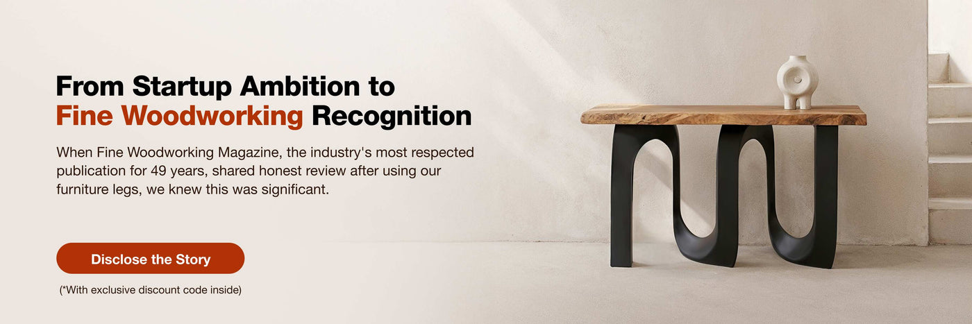 Modern wooden bench with black metal legs against a white wall, featuring text about woodworking recognition.