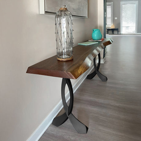 Wall-mounted counter table using 607 Curva 40.3" H metal leg for counter table in small entryway.