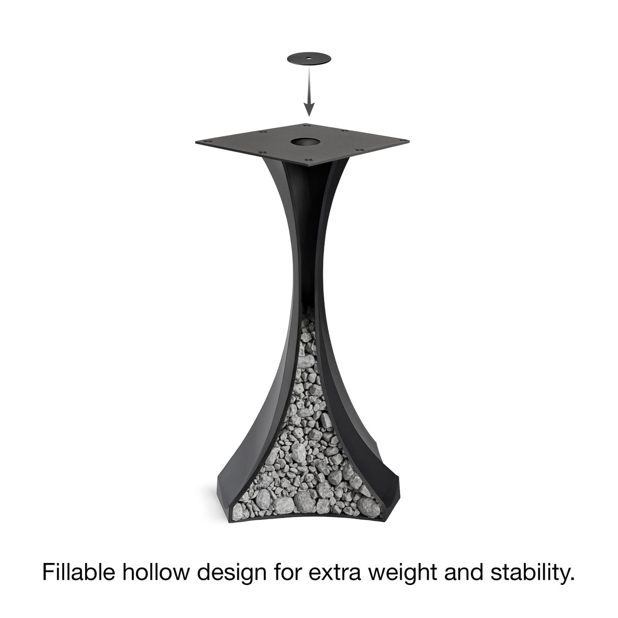 Black Metal Bar Table Base 626 & 627 Lithe 40" H – Scandinavian minimalist pedestal bar base featuring an iconic, sculptural hourglass silhouette handcrafted from heavy-duty powder-coated steel in matte black. These architectural bar-height table bases provide an ultra-sturdy foundation (1,000 lbs capacity) available in 16.3"L (Model 626) or 21.7"L (Model 627) footprints. A premium DIY steel bar base engineered with a precision-drilled mounting plate to securely support a heavy live-edge tabletop, marble sl