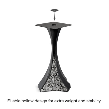 Black Metal Bar Table Base 626 & 627 Lithe 40" H – Scandinavian minimalist pedestal bar base featuring an iconic, sculptural hourglass silhouette handcrafted from heavy-duty powder-coated steel in matte black. These architectural bar-height table bases provide an ultra-sturdy foundation (1,000 lbs capacity) available in 16.3"L (Model 626) or 21.7"L (Model 627) footprints. A premium DIY steel bar base engineered with a precision-drilled mounting plate to securely support a heavy live-edge tabletop, marble sl