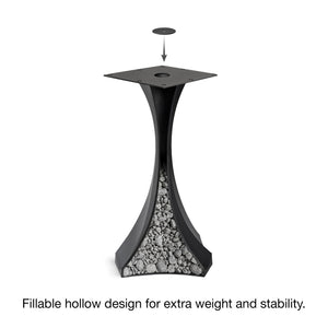 Black Metal Bar Table Base 626 & 627 Lithe 40" H – Scandinavian minimalist pedestal bar base featuring an iconic, sculptural hourglass silhouette handcrafted from heavy-duty powder-coated steel in matte black. These architectural bar-height table bases provide an ultra-sturdy foundation (1,000 lbs capacity) available in 16.3"L (Model 626) or 21.7"L (Model 627) footprints. A premium DIY steel bar base engineered with a precision-drilled mounting plate to securely support a heavy live-edge tabletop, marble sl