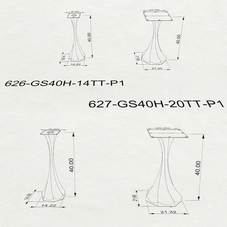 Heavy-duty metal bar table base 626 627 Dimensions