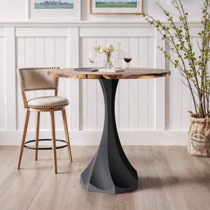 round wooden table with a black metal base