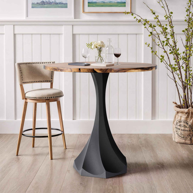 round wooden table with a black metal base