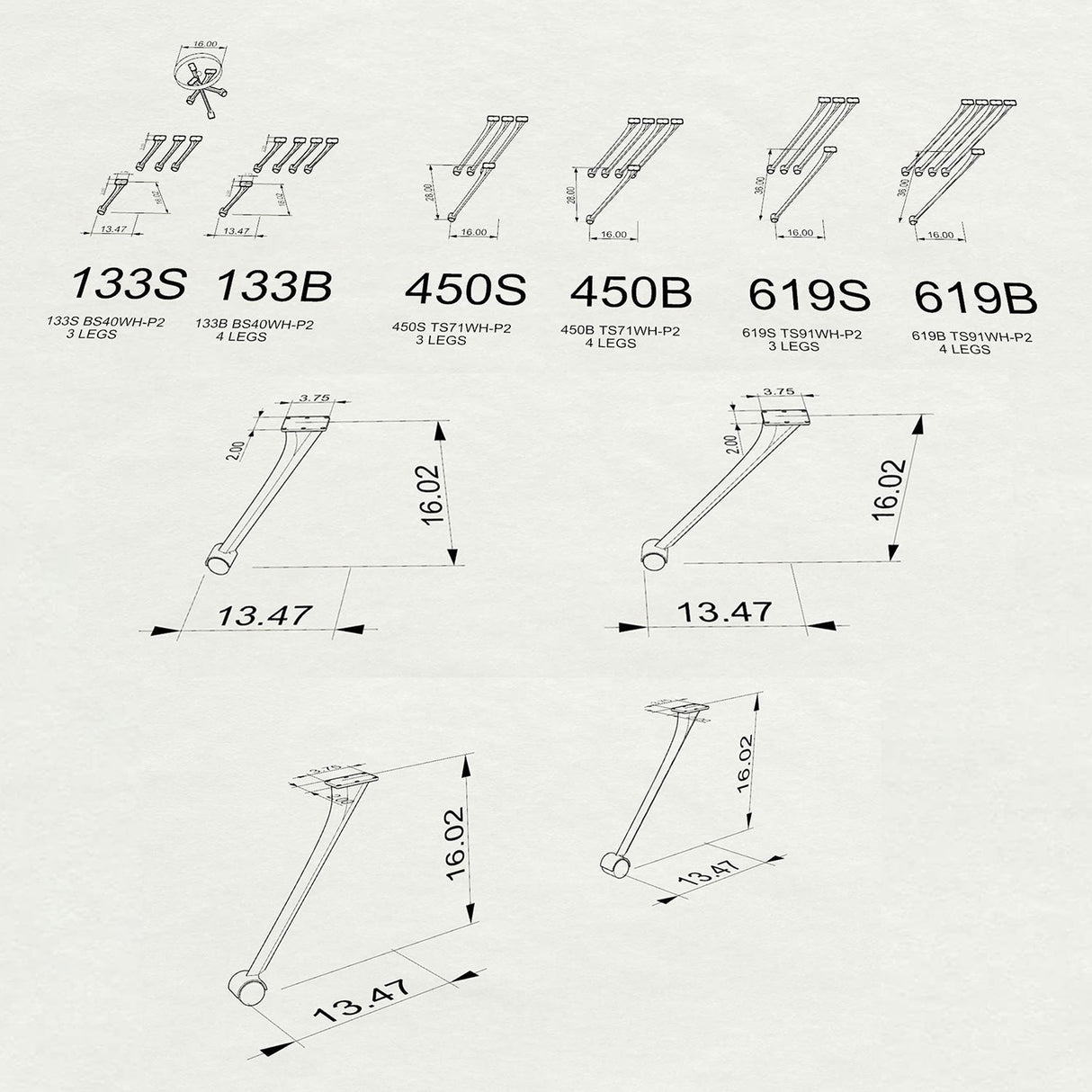 3D drawings of bar table legs 618 Compa with dimensions