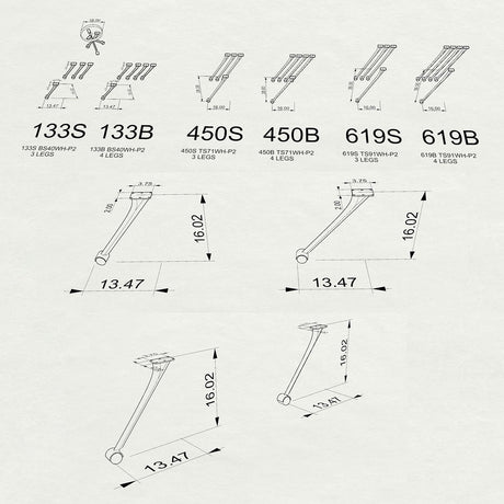3D drawings of bar table legs 618 Compa with dimensions