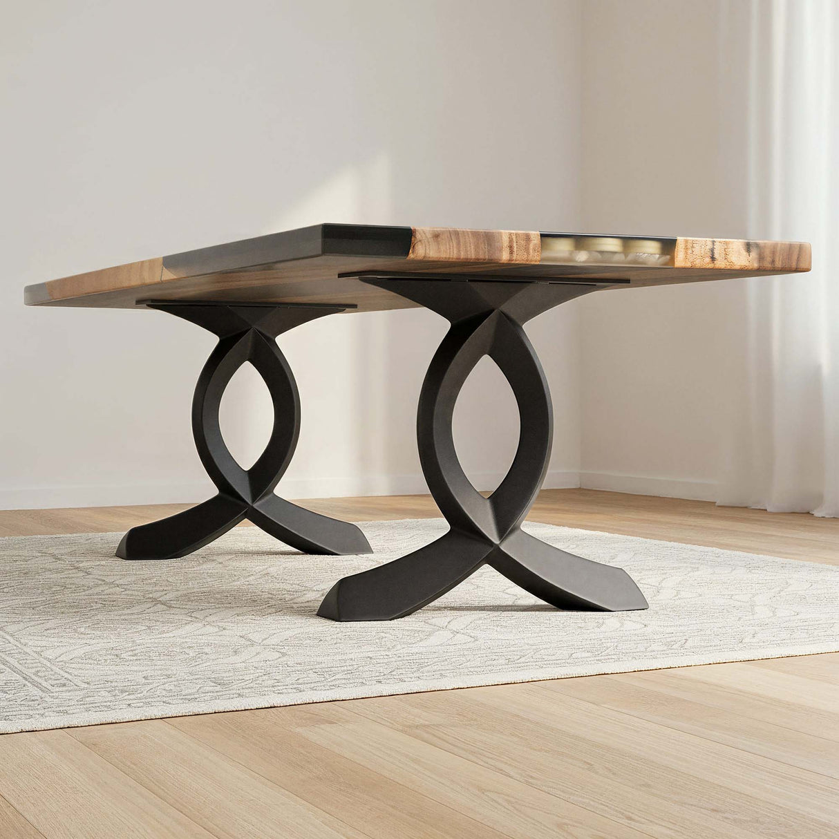 Bench Legs 108B Curva 16H Modern bench featuring cruved design metal bench legs supporting a live-edge wooden top.