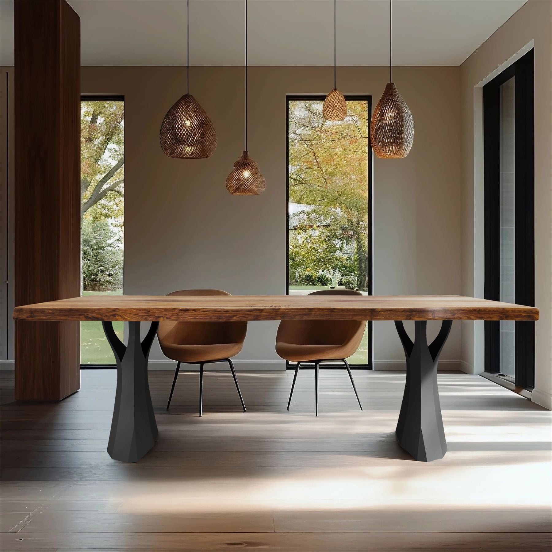 modern metal table legs with a long wooden table and chairs