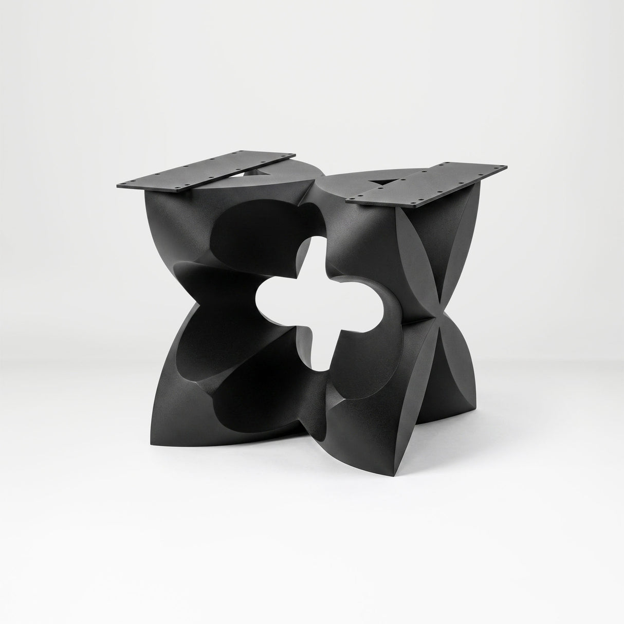 Black Coffee Table Base 134 Chloris Petal 16" H – botanical flower-inspired pedestal base handcrafted from heavy-duty powder-coated steel in matte black. This sculptural metal base features a compact petal silhouette and a sturdy foundation (500 lbs capacity; 16"x16"x16"), specifically engineered to support a heavy live-edge tabletop, round wood top, or marble slab. A premium DIY steel table base that brings an organic, modern statement to luxury living rooms and sunrooms.