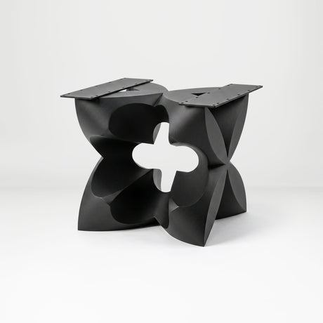 Black Coffee Table Base 134 Chloris Petal 16" H – botanical flower-inspired pedestal base handcrafted from heavy-duty powder-coated steel in matte black. This sculptural metal base features a compact petal silhouette and a sturdy foundation (500 lbs capacity; 16"x16"x16"), specifically engineered to support a heavy live-edge tabletop, round wood top, or marble slab. A premium DIY steel table base that brings an organic, modern statement to luxury living rooms and sunrooms.