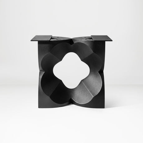 Black Coffee Table Base 134 Chloris Petal 16" H – botanical flower-inspired pedestal base handcrafted from heavy-duty powder-coated steel in matte black. This sculptural metal base features a compact petal silhouette and a sturdy foundation (500 lbs capacity; 16"x16"x16"), specifically engineered to support a heavy live-edge tabletop, round wood top, or marble slab. A premium DIY steel table base that brings an organic, modern statement to luxury living rooms and sunrooms.