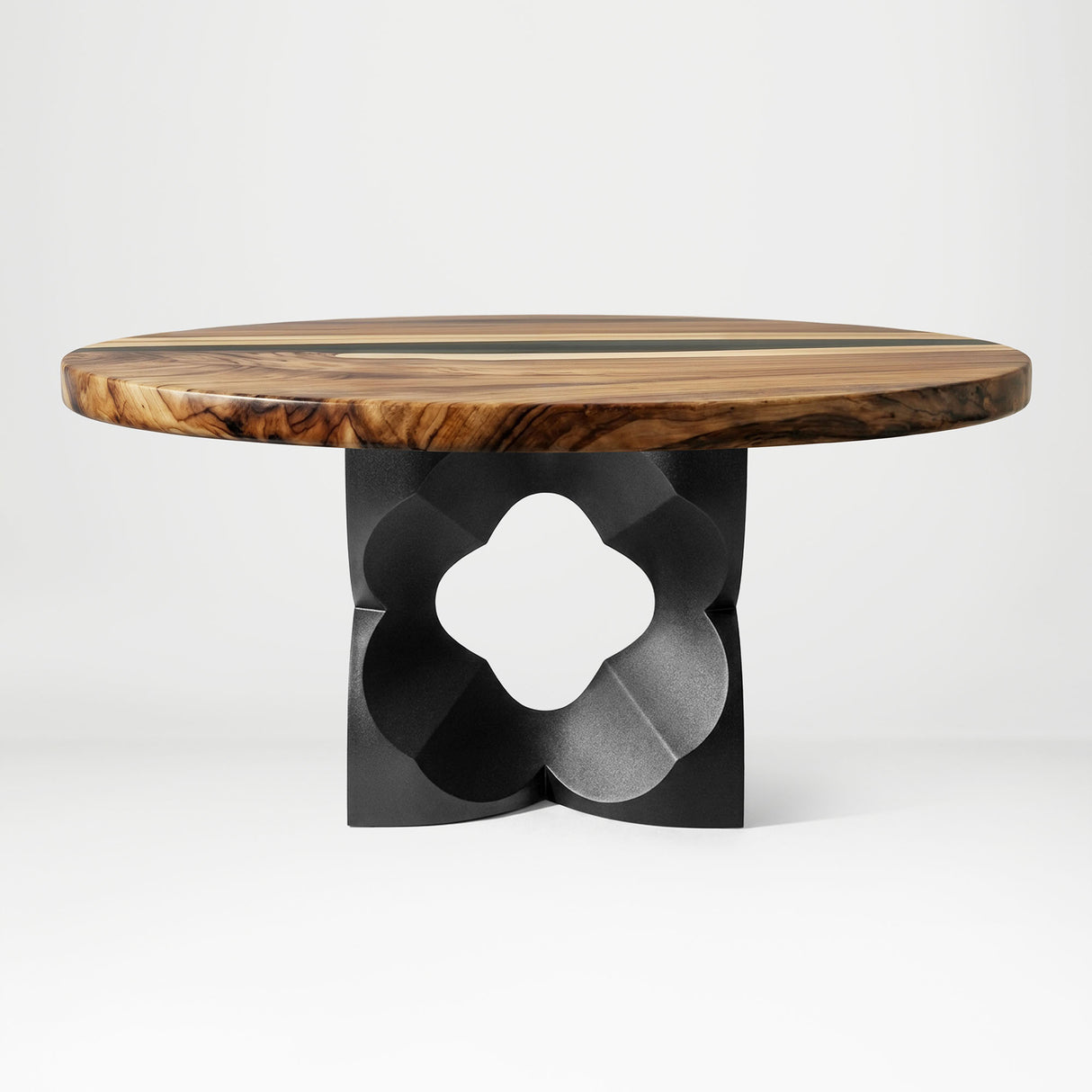 Black Coffee Table Base 134 Chloris Petal 16" H – botanical flower-inspired pedestal base handcrafted from heavy-duty powder-coated steel in matte black. This sculptural metal base features a compact petal silhouette and a sturdy foundation (500 lbs capacity; 16"x16"x16"), specifically engineered to support a heavy live-edge tabletop, round wood top, or marble slab. A premium DIY steel table base that brings an organic, modern statement to luxury living rooms and sunrooms.