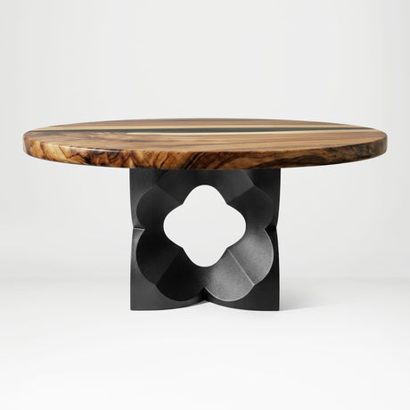 Black Coffee Table Base 134 Chloris Petal 16" H – botanical flower-inspired pedestal base handcrafted from heavy-duty powder-coated steel in matte black. This sculptural metal base features a compact petal silhouette and a sturdy foundation (500 lbs capacity; 16"x16"x16"), specifically engineered to support a heavy live-edge tabletop, round wood top, or marble slab. A premium DIY steel table base that brings an organic, modern statement to luxury living rooms and sunrooms.