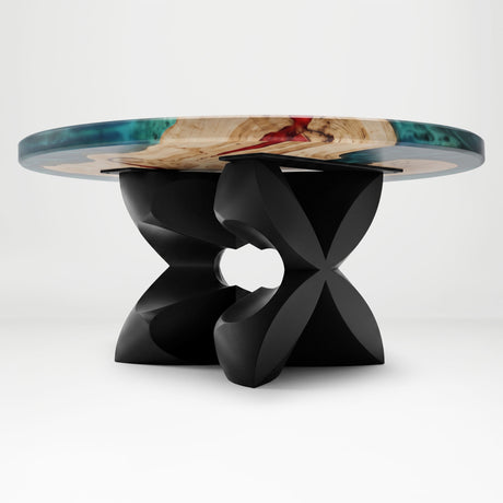 Black Coffee Table Base 134 Chloris Petal 16" H – botanical flower-inspired pedestal base handcrafted from heavy-duty powder-coated steel in matte black. This sculptural metal base features a compact petal silhouette and a sturdy foundation (500 lbs capacity; 16"x16"x16"), specifically engineered to support a heavy live-edge tabletop, round wood top, or marble slab. A premium DIY steel table base that brings an organic, modern statement to luxury living rooms and sunrooms.