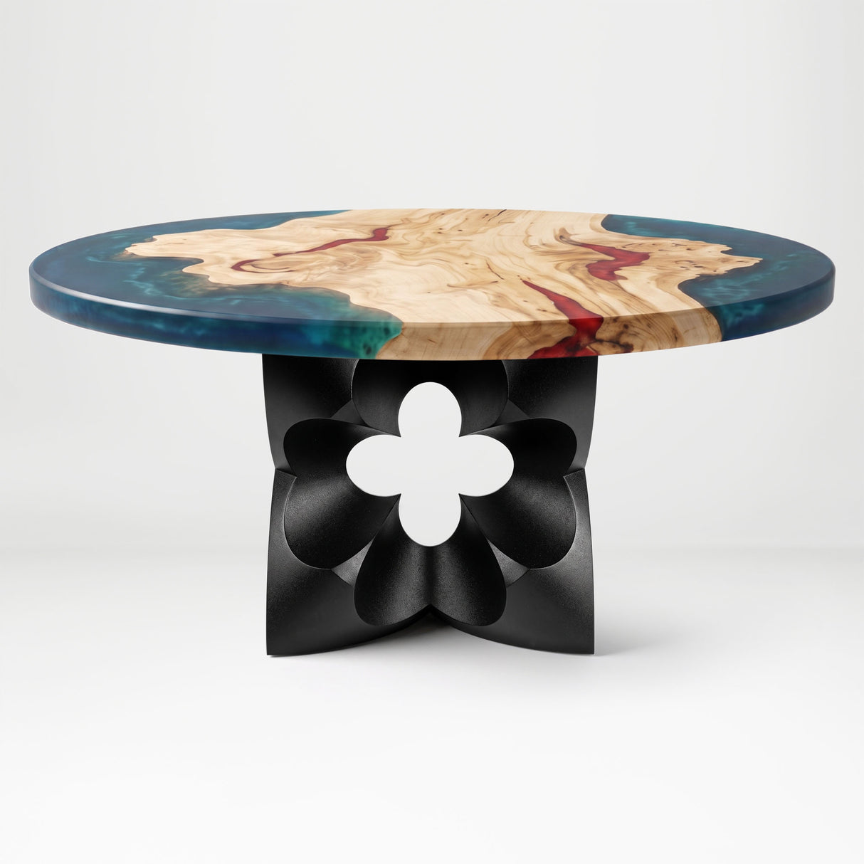 Black Coffee Table Base 134 Chloris Petal 16" H – botanical flower-inspired pedestal base handcrafted from heavy-duty powder-coated steel in matte black. This sculptural metal base features a compact petal silhouette and a sturdy foundation (500 lbs capacity; 16"x16"x16"), specifically engineered to support a heavy live-edge tabletop, round wood top, or marble slab. A premium DIY steel table base that brings an organic, modern statement to luxury living rooms and sunrooms.