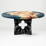 Black Coffee Table Base 134 Chloris Petal 16" H – botanical flower-inspired pedestal base handcrafted from heavy-duty powder-coated steel in matte black. This sculptural metal base features a compact petal silhouette and a sturdy foundation (500 lbs capacity; 16"x16"x16"), specifically engineered to support a heavy live-edge tabletop, round wood top, or marble slab. A premium DIY steel table base that brings an organic, modern statement to luxury living rooms and sunrooms.