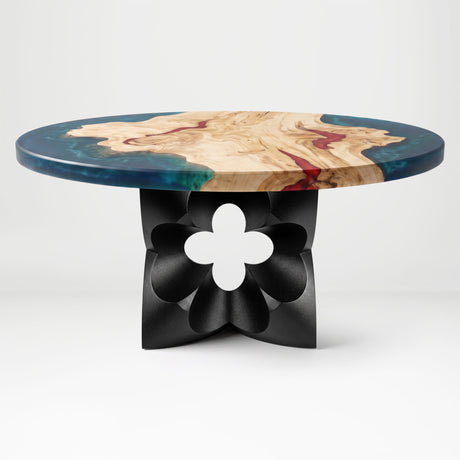 Black Coffee Table Base 134 Chloris Petal 16" H – botanical flower-inspired pedestal base handcrafted from heavy-duty powder-coated steel in matte black. This sculptural metal base features a compact petal silhouette and a sturdy foundation (500 lbs capacity; 16"x16"x16"), specifically engineered to support a heavy live-edge tabletop, round wood top, or marble slab. A premium DIY steel table base that brings an organic, modern statement to luxury living rooms and sunrooms.