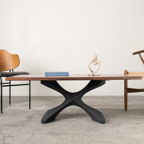 Metal Coffee Table Base 221 Xerxes 16" H – Scandinavian minimalist pedestal base handcrafted from heavy-duty powder-coated steel in matte black. This sleek metal coffee table base features a unique hollow design for gravel-filling to maximize stability and a sturdy foundation (500 lbs capacity; 23.6"L x 16"W). A premium DIY steel coffee table base engineered with an expansive 18" pre-drilled mounting plate to securely support a heavy live-edge tabletop, thick marble slab, or wood coffee table top.