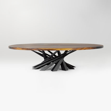 round wooden table with a metal base on a white background