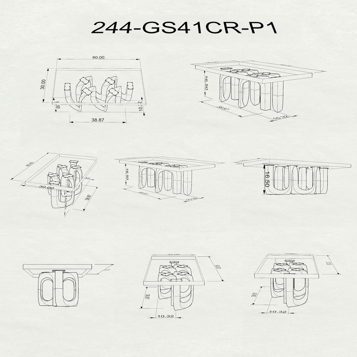 technical drawing and dimensions of U-shaped metal table legs