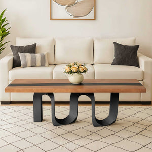 modern living room with a beige sofa, wooden coffee table base