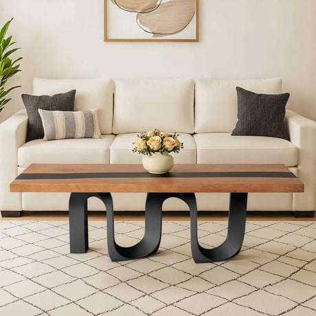 modern living room with a beige sofa, wooden coffee table base