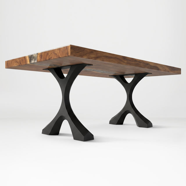 Metal Coffee Table Base 120 Xavier 16.1" H – Scandinavian modern table base set (2 pieces) handcrafted from heavy-duty powder-coated steel in matte black. This sleek metal coffee table base features a bold angled silhouette and a sturdy foundation (500 lbs capacity; 14.4"L). A premium DIY steel table base engineered with wide pre-drilled mounting plates to support a heavy live-edge tabletop, wood top, or custom coffee table.
