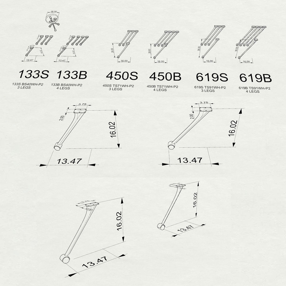 3D drawings of furniture legs with dimensions