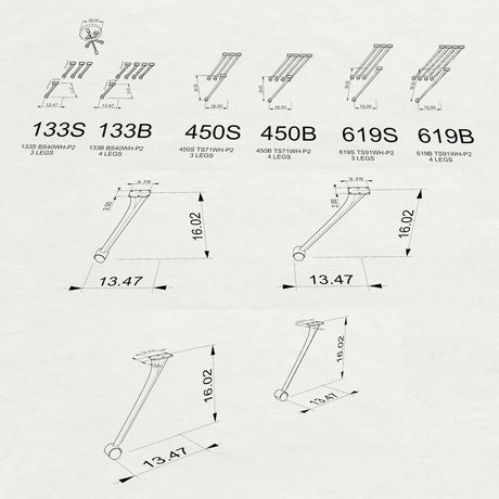 3D drawings of furniture legs with dimensions