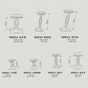 Technical diagram showing hole spacing and dimensions for curved design table legs metal.