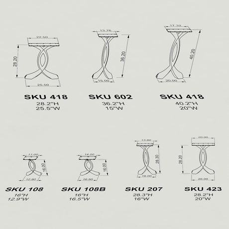 Technical diagram showing hole spacing and dimensions for curved design table legs metal.