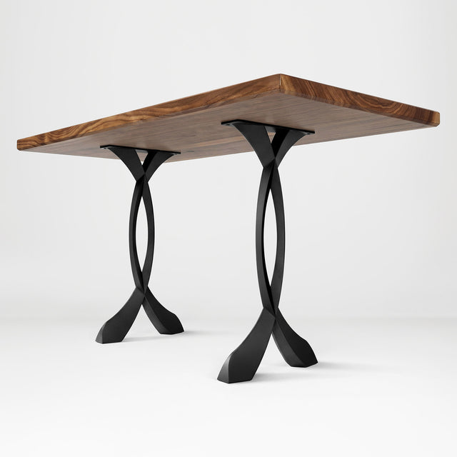 Front view of counter table legs metal 607 Curva 40.3" H supporting a rectangular wooden top, ideal for kitchen counters.