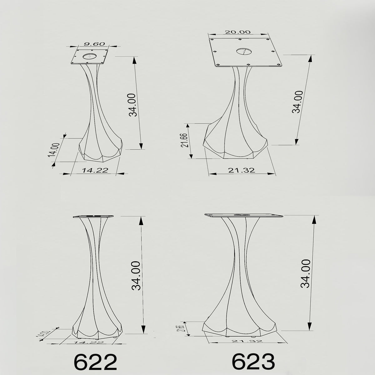 Black Metal Counter Table Base 622 & 623 Lithe 34" H – Scandinavian minimalist pedestal counter-height table base featuring a dynamic, flowing silhouette handcrafted from heavy-duty powder-coated steel in matte black. These architectural metal counter-height bases provide an ultra-sturdy foundation (1,000 lbs capacity) available in 14.2"W (Model 622) or 21.3"W (Model 623) footprints. A premium DIY steel counter base engineered with precision-drilled mounting plates (9.6" square for Model 622; 20" square for