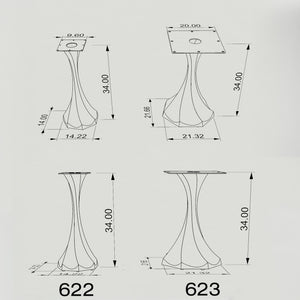 Black Metal Counter Table Base 622 & 623 Lithe 34" H – Scandinavian minimalist pedestal counter-height table base featuring a dynamic, flowing silhouette handcrafted from heavy-duty powder-coated steel in matte black. These architectural metal counter-height bases provide an ultra-sturdy foundation (1,000 lbs capacity) available in 14.2"W (Model 622) or 21.3"W (Model 623) footprints. A premium DIY steel counter base engineered with precision-drilled mounting plates (9.6" square for Model 622; 20" square for