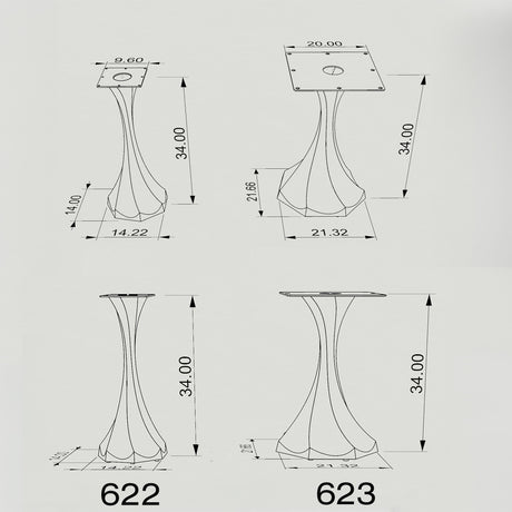 Black Metal Counter Table Base 622 & 623 Lithe 34" H – Scandinavian minimalist pedestal counter-height table base featuring a dynamic, flowing silhouette handcrafted from heavy-duty powder-coated steel in matte black. These architectural metal counter-height bases provide an ultra-sturdy foundation (1,000 lbs capacity) available in 14.2"W (Model 622) or 21.3"W (Model 623) footprints. A premium DIY steel counter base engineered with precision-drilled mounting plates (9.6" square for Model 622; 20" square for
