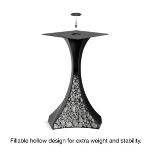 Black Metal Counter Table Base 622 & 623 Lithe 34" H – Scandinavian minimalist pedestal table base featuring a dynamic, flowing silhouette handcrafted from heavy-duty powder-coated steel in matte black. These architectural counter-height bases provide an ultra-sturdy foundation (1,000 lbs capacity) available in 14"W (Model 622) or 21.3"W (Model 623) footprints. A premium DIY steel bar base engineered with a precision-drilled mounting plate to securely support a heavy live-edge tabletop, marble slab, or wood
