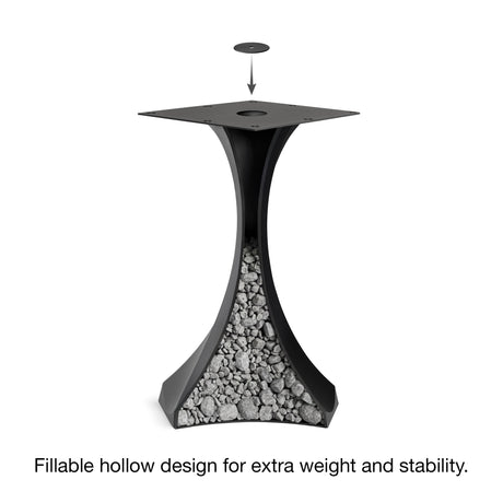 Black Metal Counter Table Base 622 & 623 Lithe 34" H – Scandinavian minimalist pedestal table base featuring a dynamic, flowing silhouette handcrafted from heavy-duty powder-coated steel in matte black. These architectural counter-height bases provide an ultra-sturdy foundation (1,000 lbs capacity) available in 14"W (Model 622) or 21.3"W (Model 623) footprints. A premium DIY steel bar base engineered with a precision-drilled mounting plate to securely support a heavy live-edge tabletop, marble slab, or wood