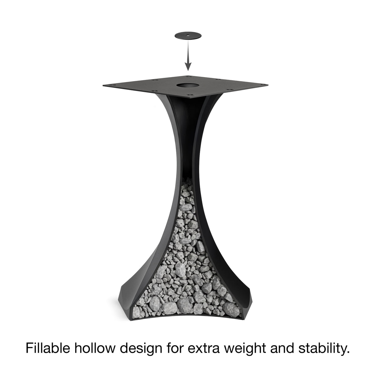 Black Metal Counter Table Base 622 & 623 Lithe 34" H – Scandinavian minimalist pedestal table base featuring a dynamic, flowing silhouette handcrafted from heavy-duty powder-coated steel in matte black. These architectural counter-height bases provide an ultra-sturdy foundation (1,000 lbs capacity) available in 14"W (Model 622) or 21.3"W (Model 623) footprints. A premium DIY steel bar base engineered with a precision-drilled mounting plate to securely support a heavy live-edge tabletop, marble slab, or wood