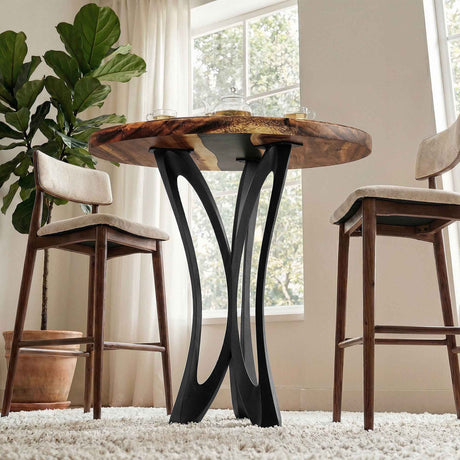 Counter Table Base 629 Monarch 36" H – sculptural parabolic pedestal base handcrafted from heavy-duty powder-coated steel in matte black. This high-capacity metal base (1,000 lbs) features a unique flared hourglass silhouette and a sturdy foundation, specifically engineered to support a heavy live-edge tabletop, stone slab, or kitchen island counter. A premium DIY steel table base and counter-height furniture foundation that brings a bold look to custom breakfast bars and modern commercial cafe spaces.