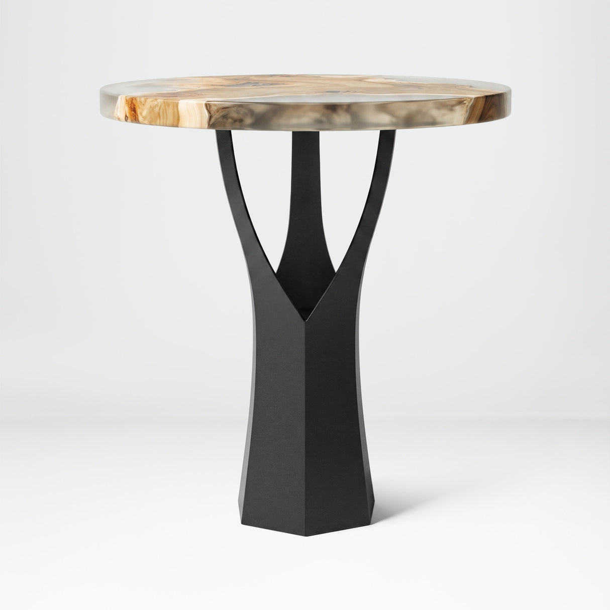 Black Metal Counter Base 608 Namu 36" H – Scandinavian-inspired pedestal base featuring a unique tree-stump silhouette handcrafted from heavy-duty powder-coated steel in matte black. This artisanal metal counter-height base features a hollow design for gravel-filling to maximize stability and an ultra-sturdy foundation (1,000 lbs capacity; 13.8"L x 12.3"W). A premium DIY steel counter base engineered with a precision-drilled triangular mounting plate (15.4" sides) to securely support a heavy live-edge table