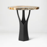 Black Metal Counter Base 608 Namu 36" H – Scandinavian-inspired pedestal base featuring a unique tree-stump silhouette handcrafted from heavy-duty powder-coated steel in matte black. This artisanal metal counter-height base features a hollow design for gravel-filling to maximize stability and an ultra-sturdy foundation (1,000 lbs capacity; 13.8"L x 12.3"W). A premium DIY steel counter base engineered with a precision-drilled triangular mounting plate (15.4" sides) to securely support a heavy live-edge table
