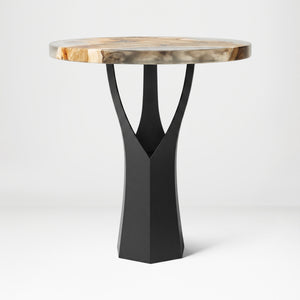 Black Metal Counter Base 608 Namu 36" H – Scandinavian-inspired pedestal base featuring a unique tree-stump silhouette handcrafted from heavy-duty powder-coated steel in matte black. This artisanal metal counter-height base features a hollow design for gravel-filling to maximize stability and an ultra-sturdy foundation (1,000 lbs capacity; 13.8"L x 12.3"W). A premium DIY steel counter base engineered with a precision-drilled triangular mounting plate (15.4" sides) to securely support a heavy live-edge table