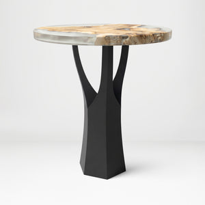 Black Metal Counter Base 608 Namu 36" H – Scandinavian-inspired pedestal base featuring a unique tree-stump silhouette handcrafted from heavy-duty powder-coated steel in matte black. This artisanal metal counter-height base features a hollow design for gravel-filling to maximize stability and an ultra-sturdy foundation (1,000 lbs capacity; 13.8"L x 12.3"W). A premium DIY steel counter base engineered with a precision-drilled triangular mounting plate (15.4" sides) to securely support a heavy live-edge table