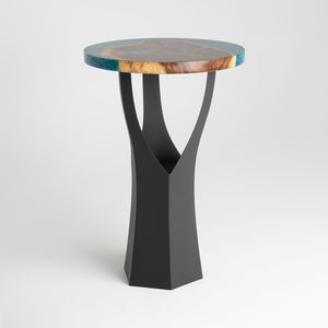 Black Metal Counter Base 608 Namu 36" H – Scandinavian-inspired pedestal base featuring a unique tree-stump silhouette handcrafted from heavy-duty powder-coated steel in matte black. This artisanal metal counter-height base features a hollow design for gravel-filling to maximize stability and an ultra-sturdy foundation (1,000 lbs capacity; 13.8"L x 12.3"W). A premium DIY steel counter base engineered with a precision-drilled triangular mounting plate (15.4" sides) to securely support a heavy live-edge table