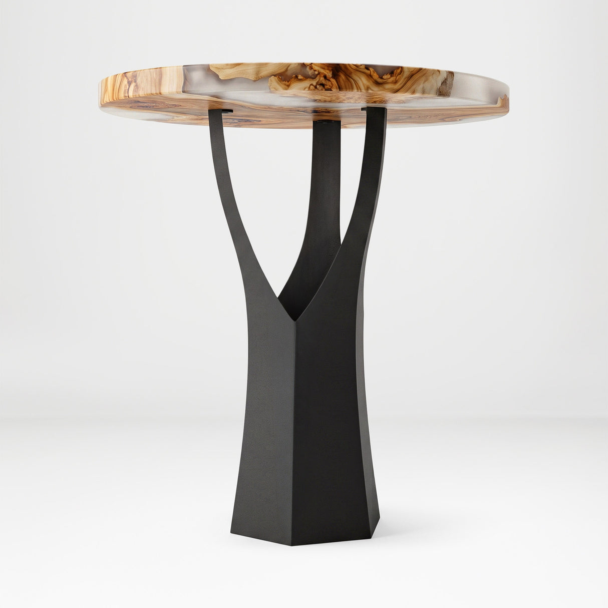 Black Metal Counter Base 608 Namu 36" H – Scandinavian-inspired pedestal base featuring a unique tree-stump silhouette handcrafted from heavy-duty powder-coated steel in matte black. This artisanal metal counter-height base features a hollow design for gravel-filling to maximize stability and an ultra-sturdy foundation (1,000 lbs capacity; 13.8"L x 12.3"W). A premium DIY steel counter base engineered with a precision-drilled triangular mounting plate (15.4" sides) to securely support a heavy live-edge table
