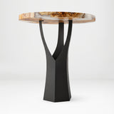 Black Metal Counter Base 608 Namu 36" H – Scandinavian-inspired pedestal base featuring a unique tree-stump silhouette handcrafted from heavy-duty powder-coated steel in matte black. This artisanal metal counter-height base features a hollow design for gravel-filling to maximize stability and an ultra-sturdy foundation (1,000 lbs capacity; 13.8"L x 12.3"W). A premium DIY steel counter base engineered with a precision-drilled triangular mounting plate (15.4" sides) to securely support a heavy live-edge table